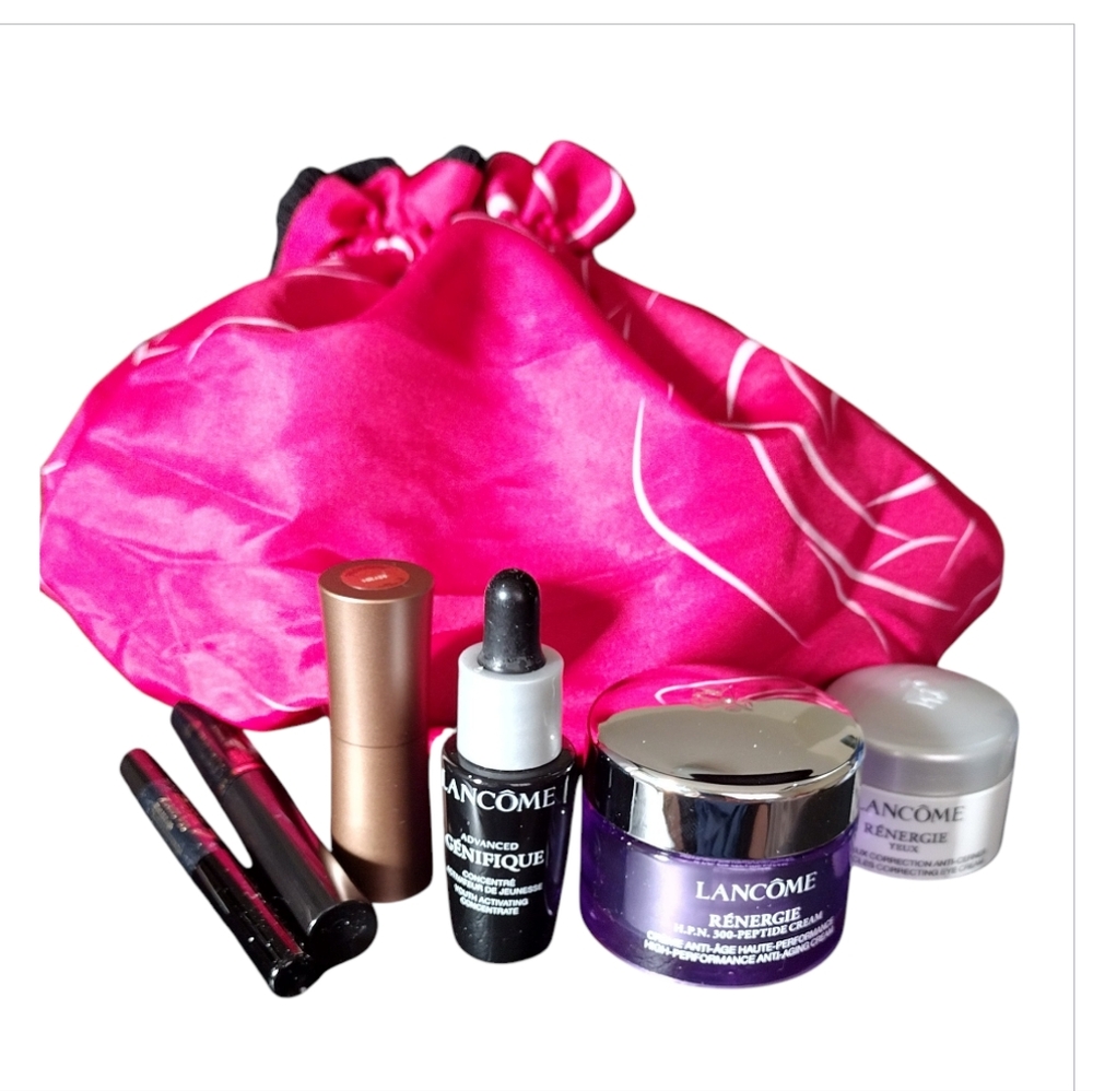 New Lancome Luxe Mascara Lipstick 7 Piece Gift Set W Pink & Black Bag